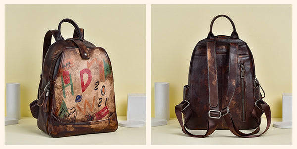 Vintage Womens Leather Backpack Purse Small Leather Rucksack Bag For Women Designer