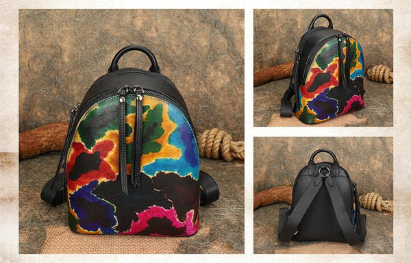 Vintage Womens Leather Backpacks Small Leather Rucksack For Women Black