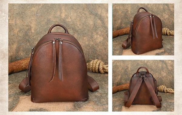 Vintage Womens Leather Backpacks Small Leather Rucksack For Women Cowhide