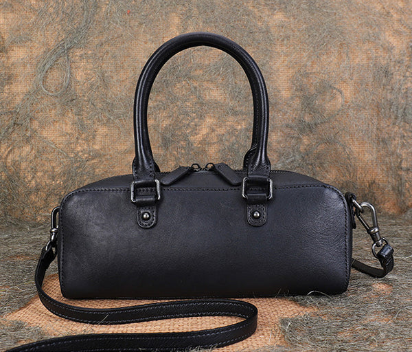 Vintage Womens Leather Boston Bag Small Handbags For Women Black