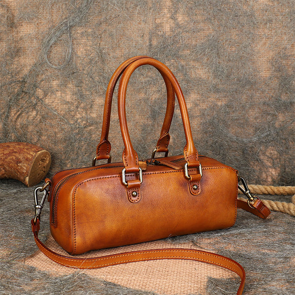 Vintage Womens Leather Boston Bag Small Handbags For Women Brown