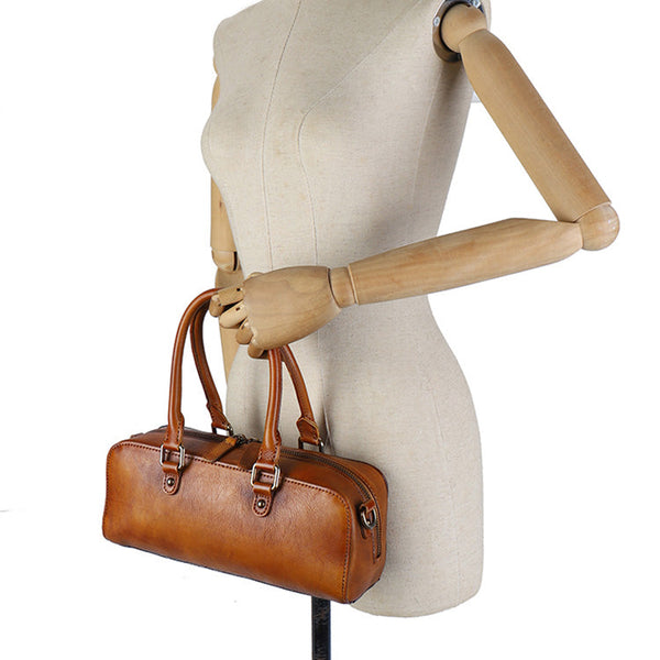 Vintage Womens Leather Boston Bag Small Handbags For Women Outside