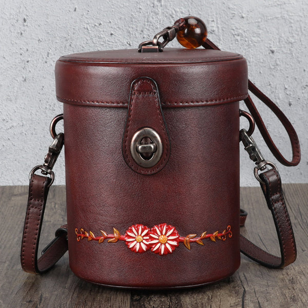Vintage Womens Leather Crossbody Bucket Bag With Daisy Pattern Side Bags For Women