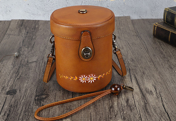 Vintage Womens Leather Crossbody Bucket Bag With Daisy Pattern Side Bags For Women Brown