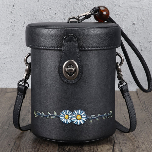 Vintage Womens Leather Crossbody Bucket Bag With Daisy Pattern Side Bags For Women Chic