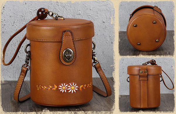 Vintage Womens Leather Crossbody Bucket Bag With Daisy Pattern Side Bags For Women Cowhide