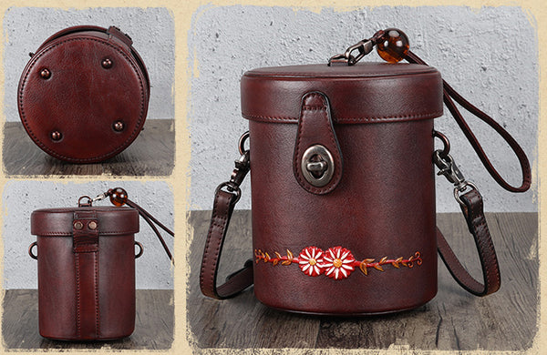 Vintage Womens Leather Crossbody Bucket Bag With Daisy Pattern Side Bags For Women Cute
