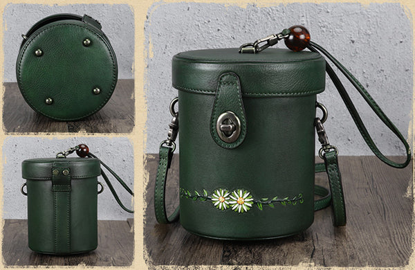 Vintage Womens Leather Crossbody Bucket Bag With Daisy Pattern Side Bags For Women Designer