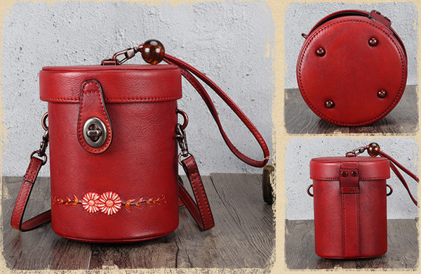Vintage Womens Leather Crossbody Bucket Bag With Daisy Pattern Side Bags For Women Durable