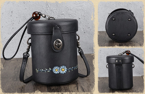 Vintage Womens Leather Crossbody Bucket Bag With Daisy Pattern Side Bags For Women Fashion