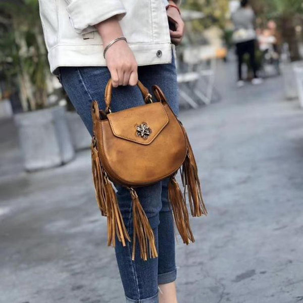 Vintage Womens Leather Fringe Crossbody Handbags Purse Small Shoulder Bag for Women Handmade