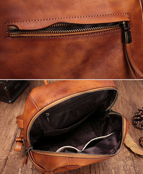 Vintage Womens Small Brown Leather Zip Backpack Bag Purse Back Pack for Women Designer