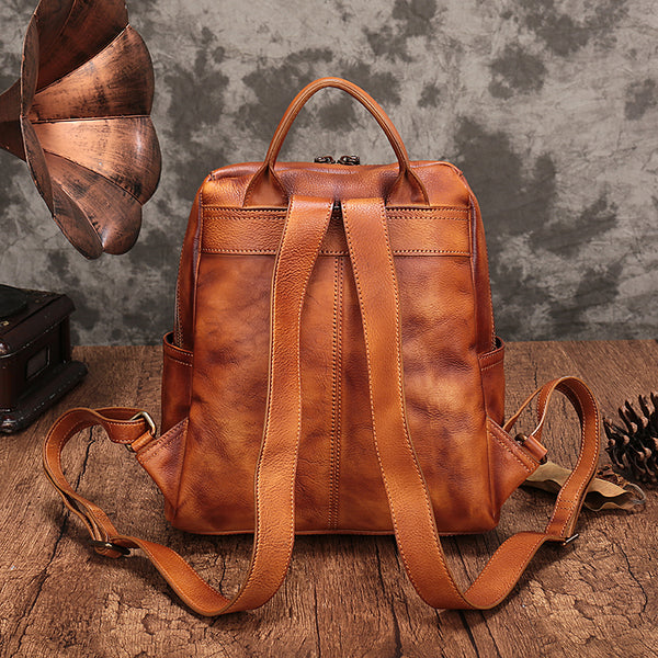 Vintage Womens Small Brown Leather Zip Backpack Bag Purse Back Pack for Women