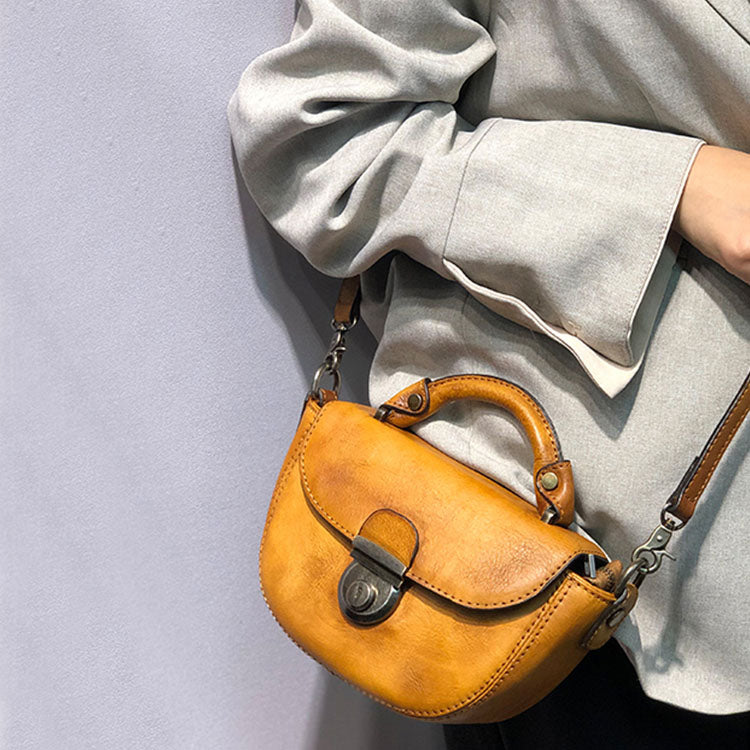 Yellow Genuine Leather Saddle Bag with Brown Removable Strap