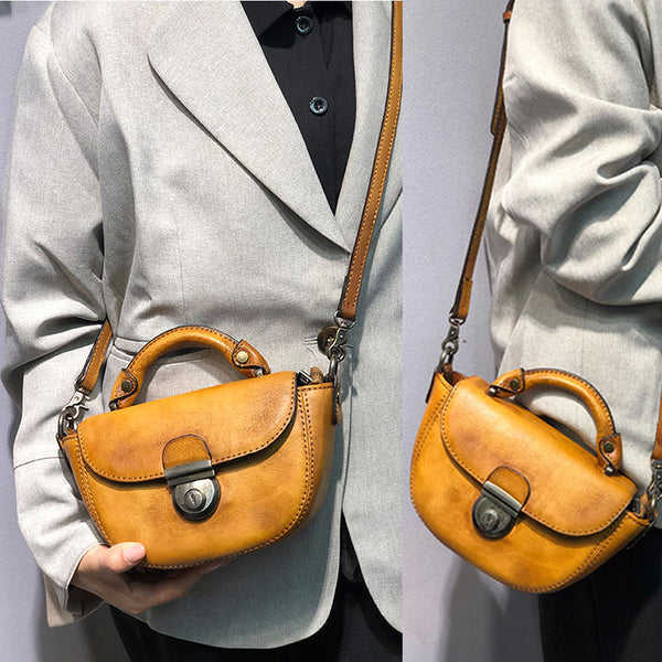 Vintage Womens Small Leather Crossbody Saddle Bag Handbags for Women Cute