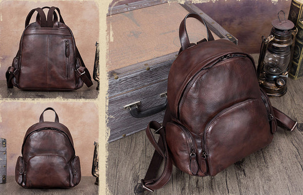 Vintage Womens Small Tan Leather Zip Backpack Purse Trendy Backpacks for Women fashion