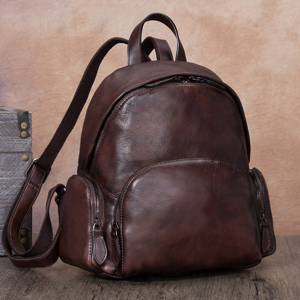 Vintage Womens Small Tan Leather Zip Backpack Purse Trendy Backpacks