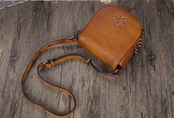 Vintage Womens Tan Leather Crossbody Saddle Bag Small Satchel Purse for Women Designer