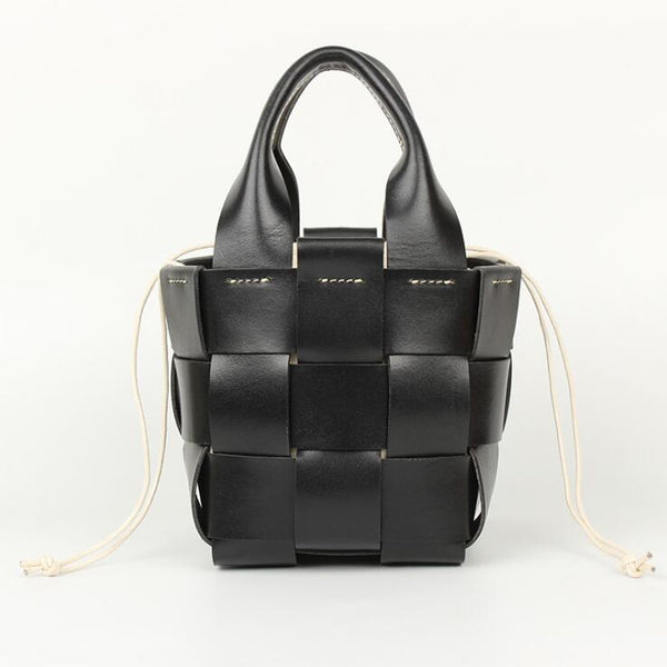 Vintage Womens Woven Genuine Leather Bucket Handbags Cross Shoulder Bag For Women Black