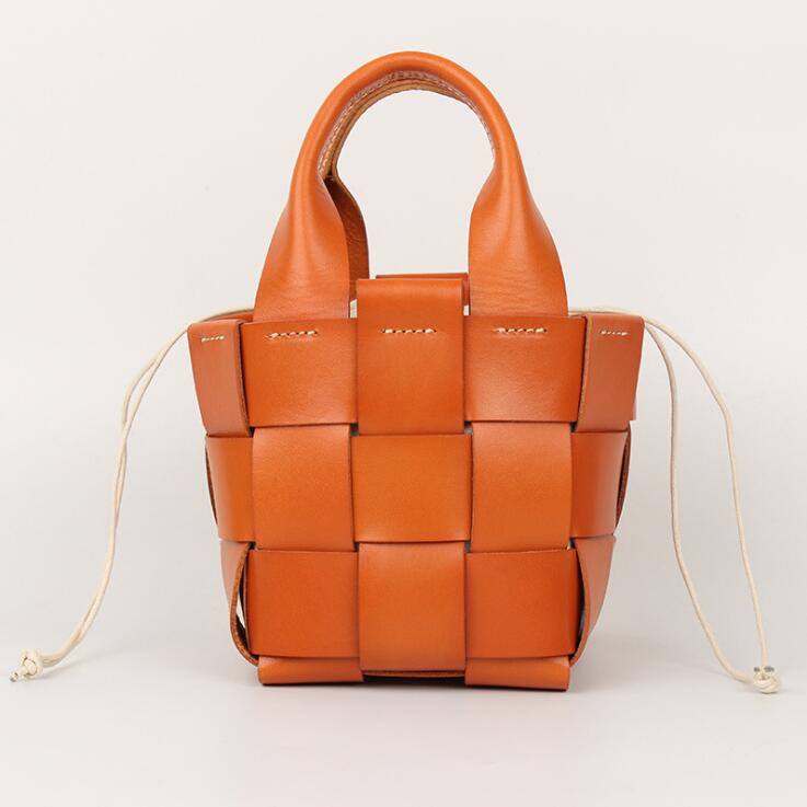 Vintage Womens Woven Genuine Leather Bucket Handbags Cross Shoulder Bag For Women Brown