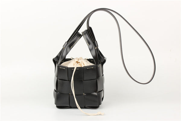 Vintage Womens Woven Genuine Leather Bucket Handbags Cross Shoulder Bag For Women Cool