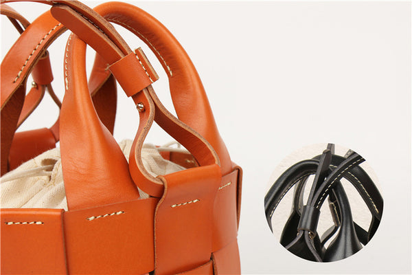 Vintage Womens Woven Genuine Leather Bucket Handbags Cross Shoulder Bag For Women Details