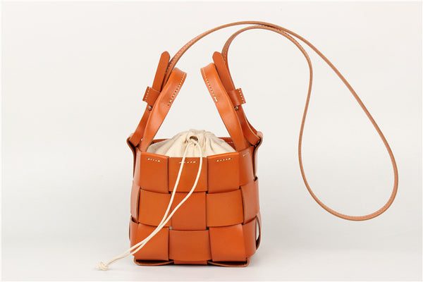 Vintage Womens Woven Genuine Leather Bucket Handbags Cross Shoulder Bag For Women Small