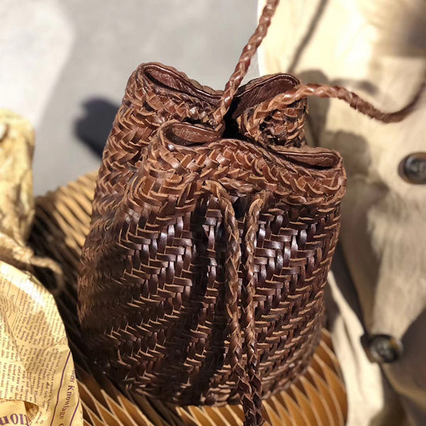 Vintage Womens Woven Leather Crossbody Bucket Purse Sling Bag for Women Brown