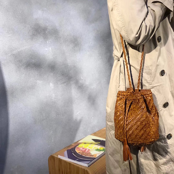 Vintage Womens Woven Leather Crossbody Bucket Purse Sling Bag for Women