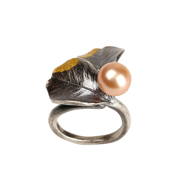 Round Pink Freshwater Pearl Ring in Vintage Sterling Silver June Birthstone Jewelry For Women