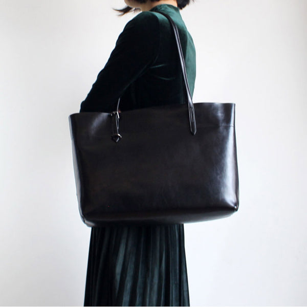 Vintga Black Leather Womens Tote Bag Handbags Shoulder Bag for Women