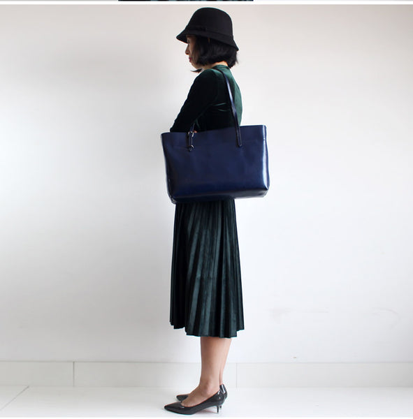 Vintga Blue Leather Womens Tote Bag Handbags Shoulder Bag for Women Genuine Leather