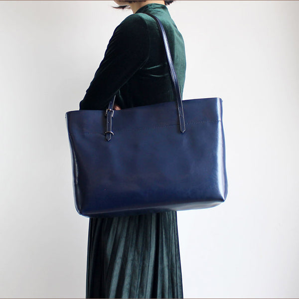 Vintga Blue Leather Womens Tote Bag Handbags Shoulder Bag for Women