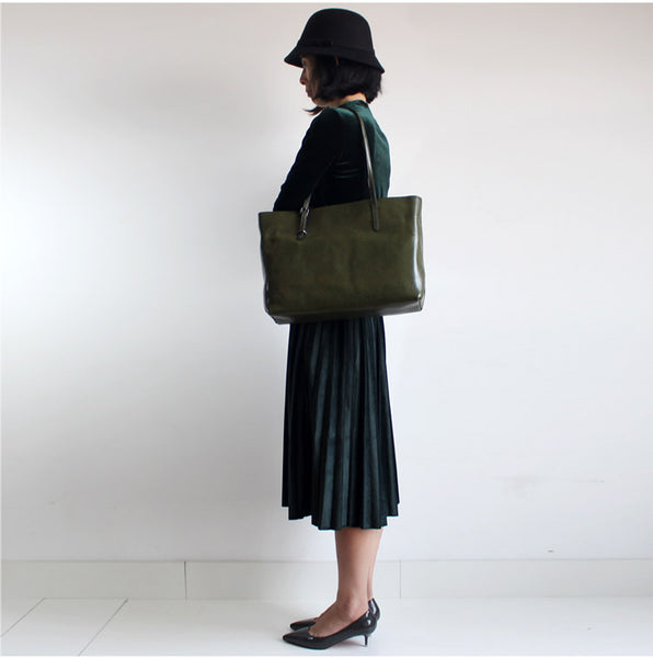  Vintga Green Leather Womens Tote Bag Handbags Shoulder Bag for Women fashion
