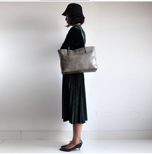 Vintga Grey Leather Womens Tote Bag Handbags Shoulder Bag for Women Designer