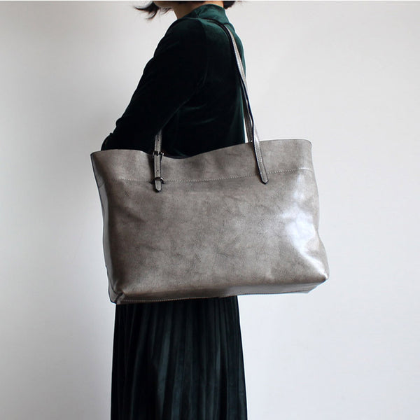 Vintga Grey Leather Womens Tote Bag Handbags Shoulder Bag for Women