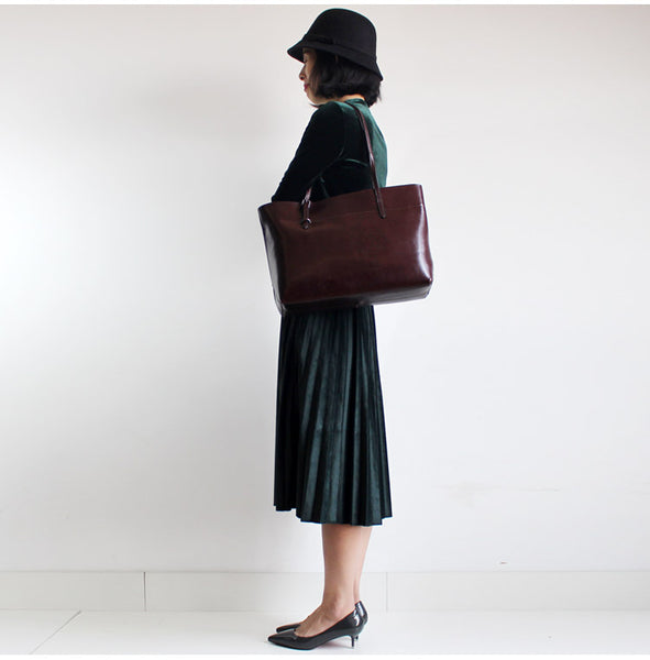 Vintga Red Leather Womens Tote Bag Handbags Shoulder Bag for Women chic