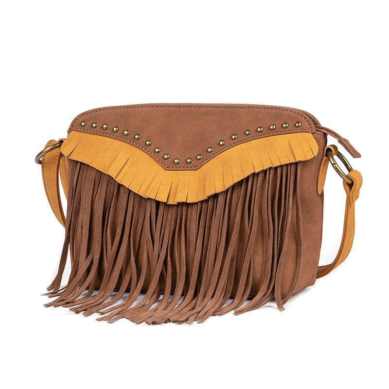 Brown Cross Body Bag Vegan Suede Leather Boho Embroidery Fringe and Tassel