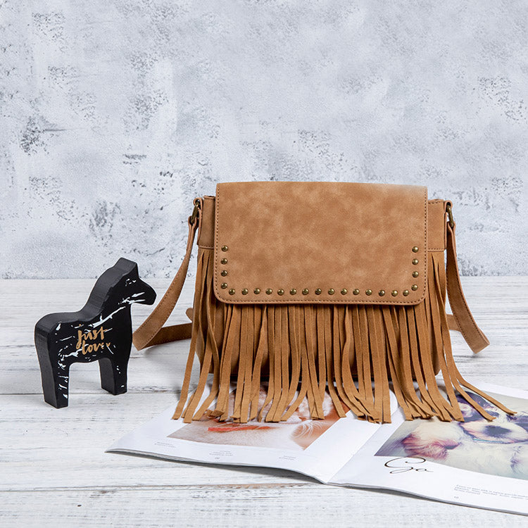 Boho Ladies Western Vegan Leather Purses with Suede Leather Fringe Shoulder Handbags for Women