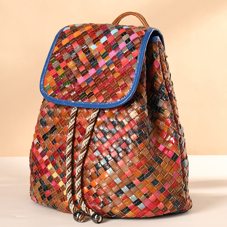 Western Ladies Woven Leather Backpack Purse Rucksack For Women Accessories