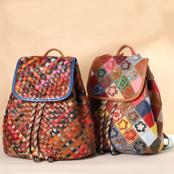 Western Ladies Woven Leather Backpack Purse Rucksack For Women Fashion