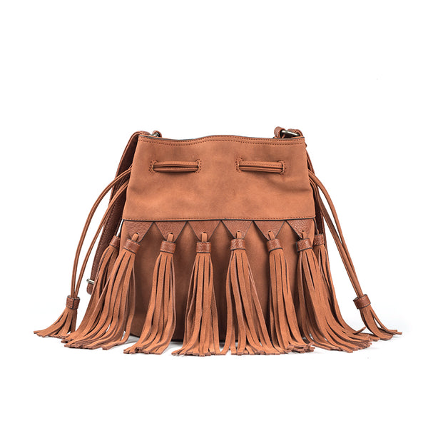 Western Womens PU Leather Crossbody Bucket Purse With Fringe  Bags for Women Accessories