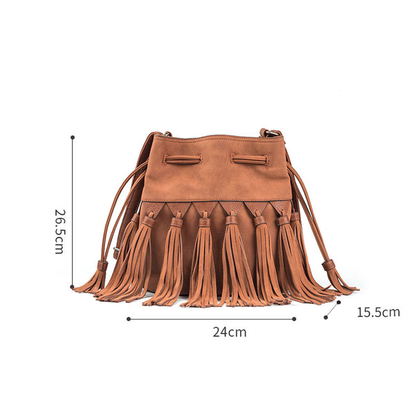 Western Womens PU Leather Crossbody Bucket Purse With Fringe  Bags for Women Chic