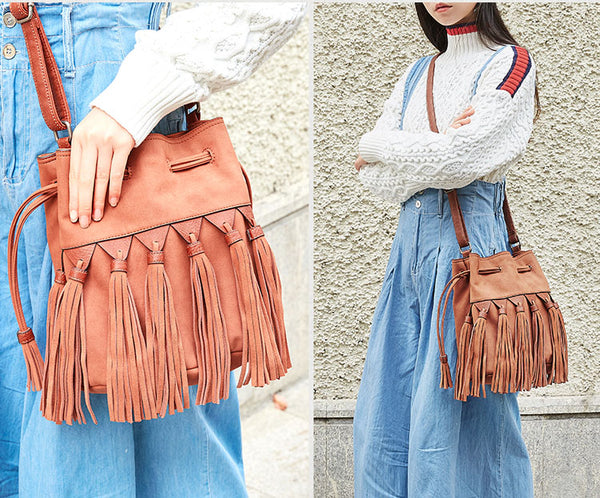 Western Womens PU Leather Crossbody Bucket Purse With Fringe  Bags for Women Cowhide