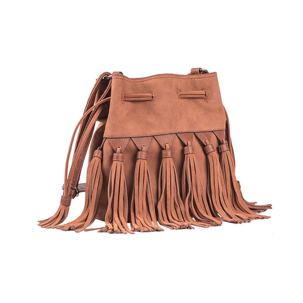 Western Womens PU Leather Crossbody Bucket Purse With Fringe  Bags for Women Details