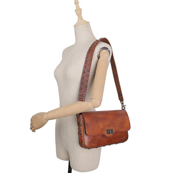 Western Womens Rivet Leather Crossbody Satchel Bag Purse Cross Shoulder Bag for Women Genuine Leather