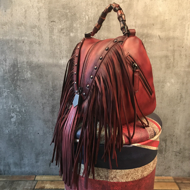 Boho Womens Red Leather Fringe Handbags Purse Small Shoulder Bag for Women