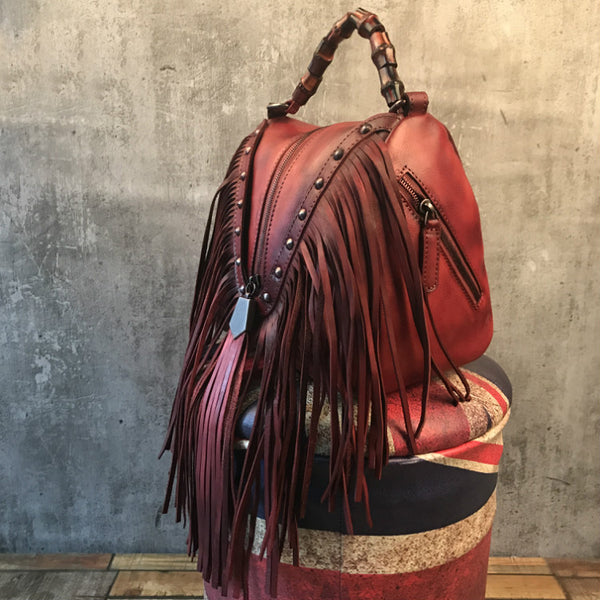 Boho Womens Red Leather Fringe Handbags Purse Small Shoulder Bag for Women