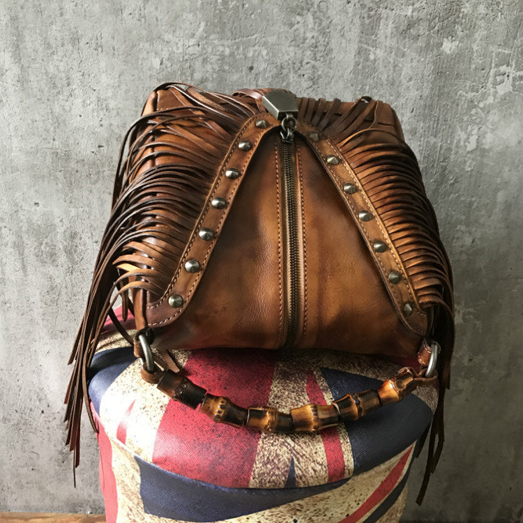 Vintage Boho Leather Fringe Crossbody Bags Purse Shoulder Bag for Women, Brown