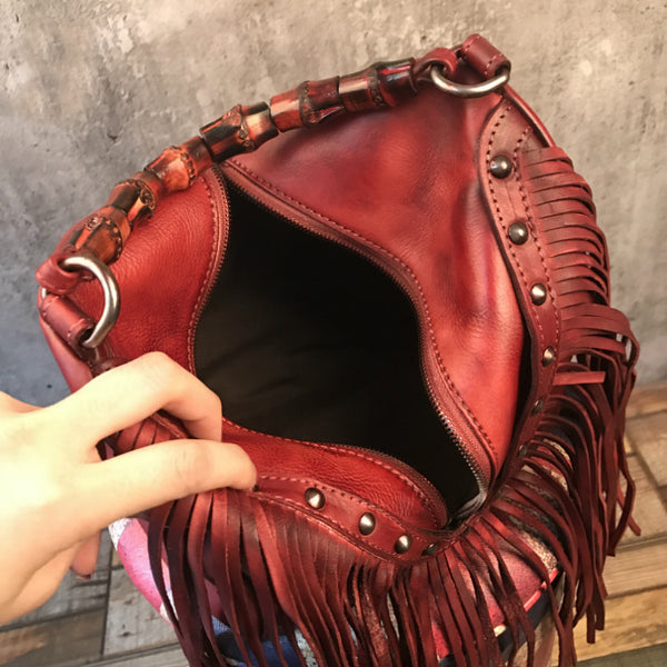 Western Womens Vintage Boho Bags Leather Crossbody Fringe Handbags Inside